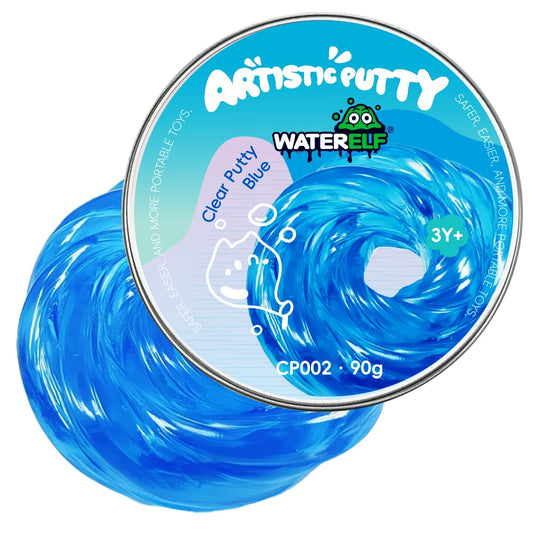 WaterELF blue putty tin front shows tactile play and calm focus.