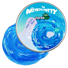 WaterELF blue putty tin front shows tactile play and calm focus.