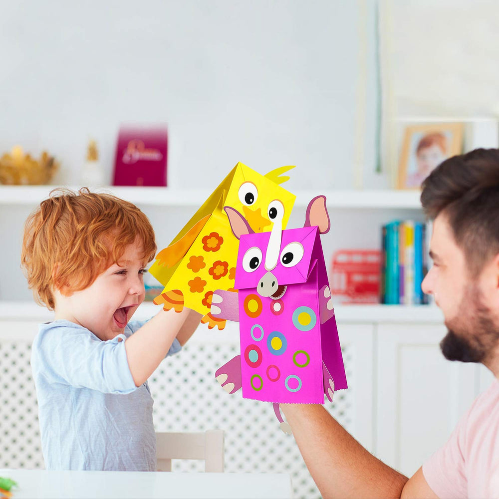 Watinc colorful puppets characters in a bright classroom setting.