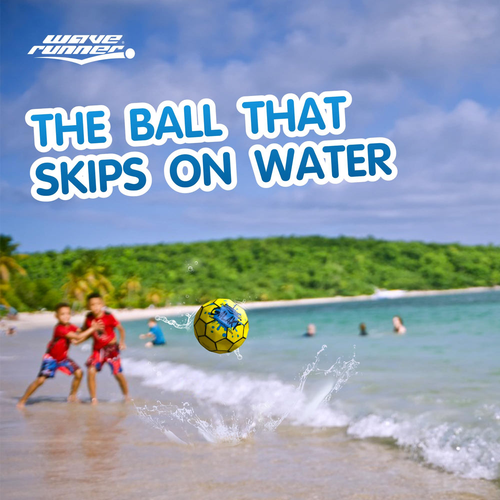 Galaxy Bounce Ball skipping on water during a sunny day