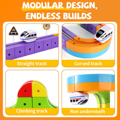 Wdebay Klick Rail curves enable dynamic layouts for creative STEM play.