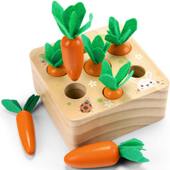 Wdmiya carrot sorter toy in natural pine wood promotes fine motor skills.