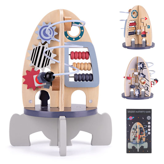 Wdmiya Space rocket activity cube side view highlighting bead maze for fine motor play