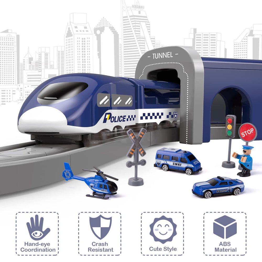 Wdmiya police car on bright tracks for action-filled pretend missions.