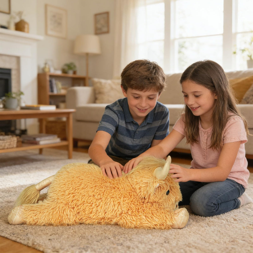 WDXDSOB Highland Cow plush in a living room as decor accent