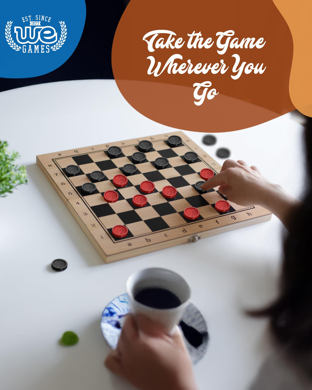 WE Games red and black checkers shown side by side on a table