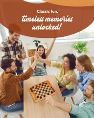 WE Games family game night table with the checkers board set up.