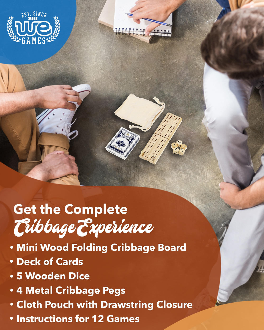 WE Games travel cribbage board metal pegs stored securely.