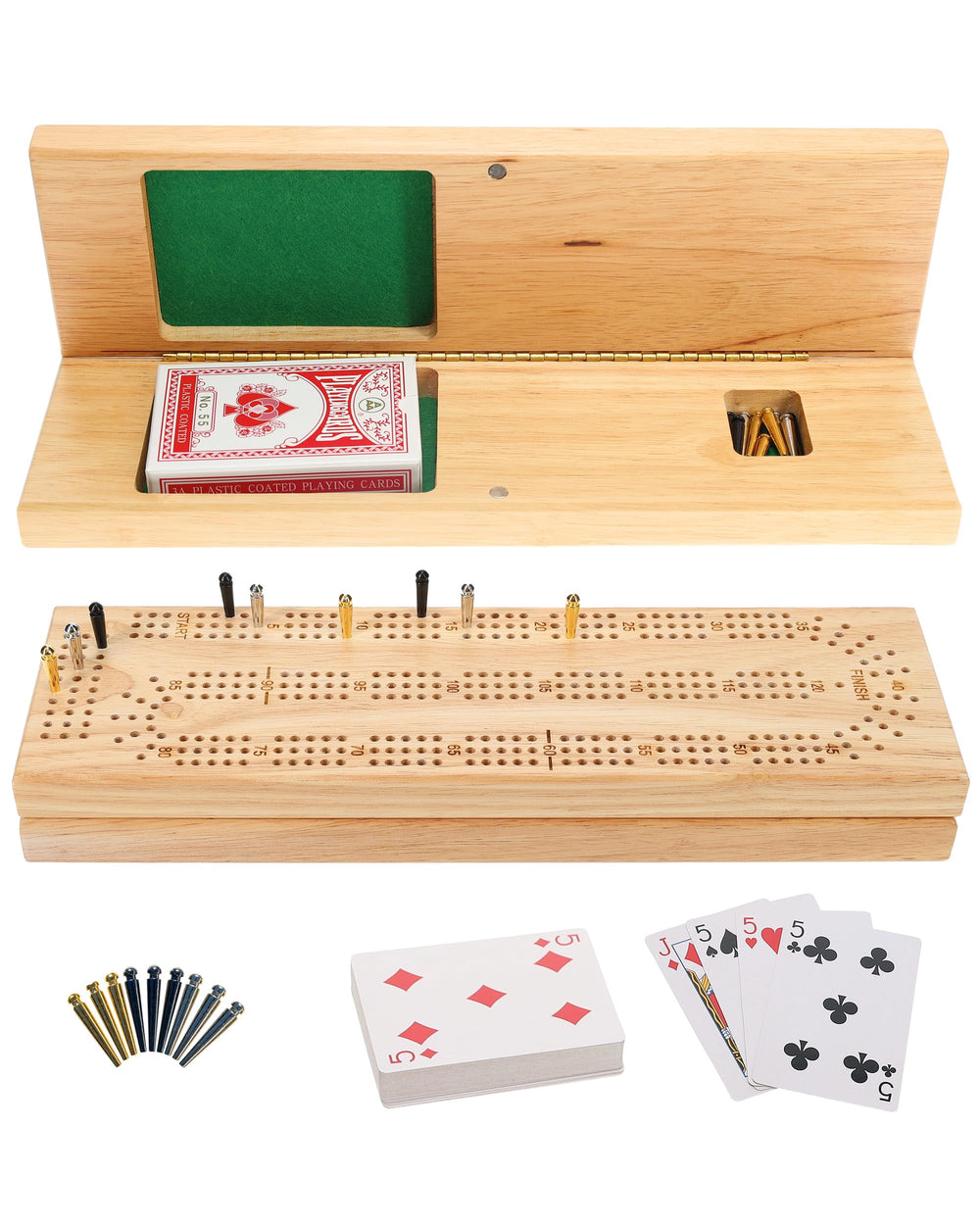 WE Games wooden cribbage board with 3-track travel design for portable play.