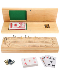 WE Games wooden cribbage board with 3-track travel design for portable play.