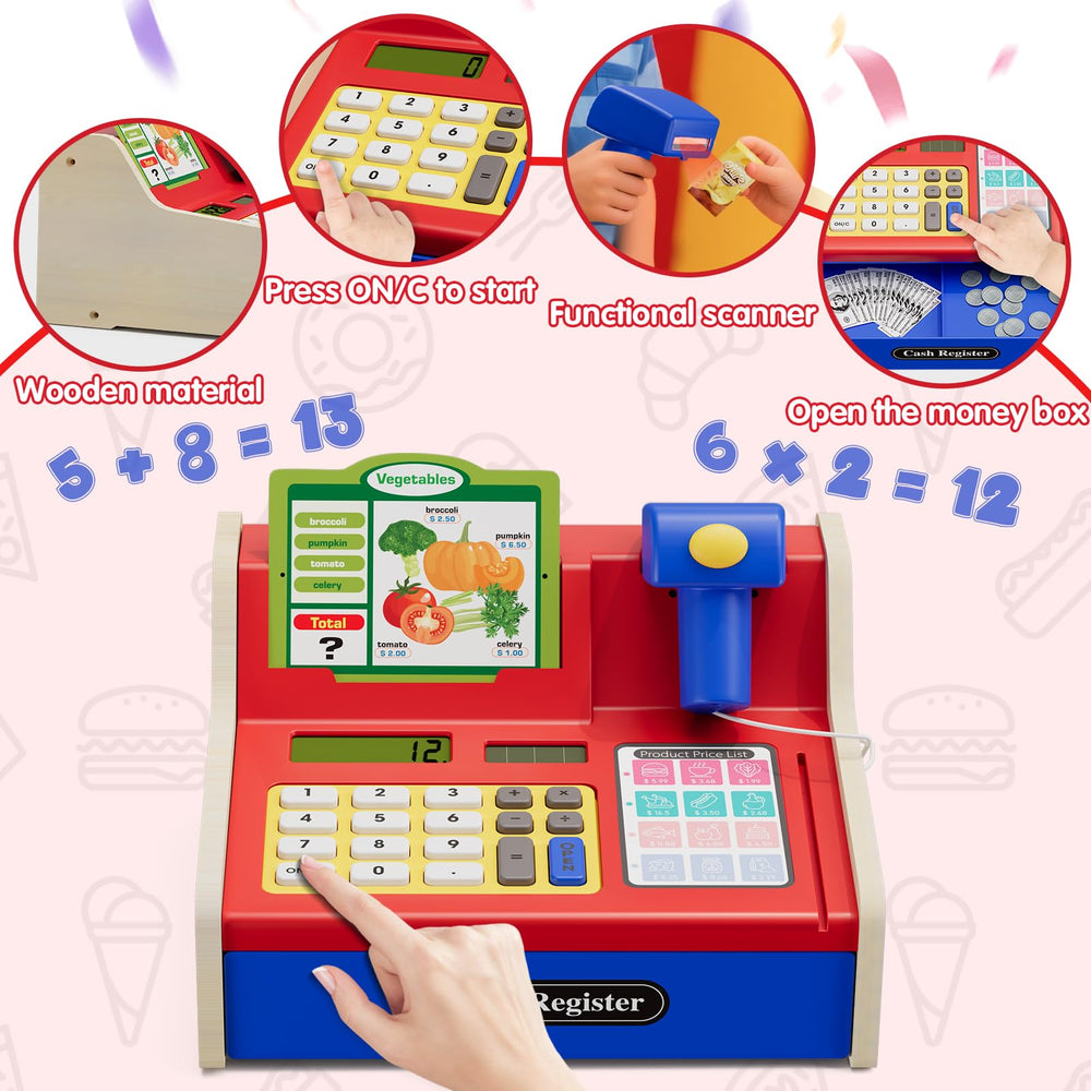 Wee Wonders blue wooden cash register shown with rechargeable base for long play sessions