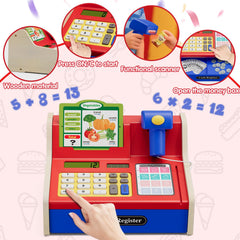 Wee Wonders blue wooden cash register shown with rechargeable base for long play sessions