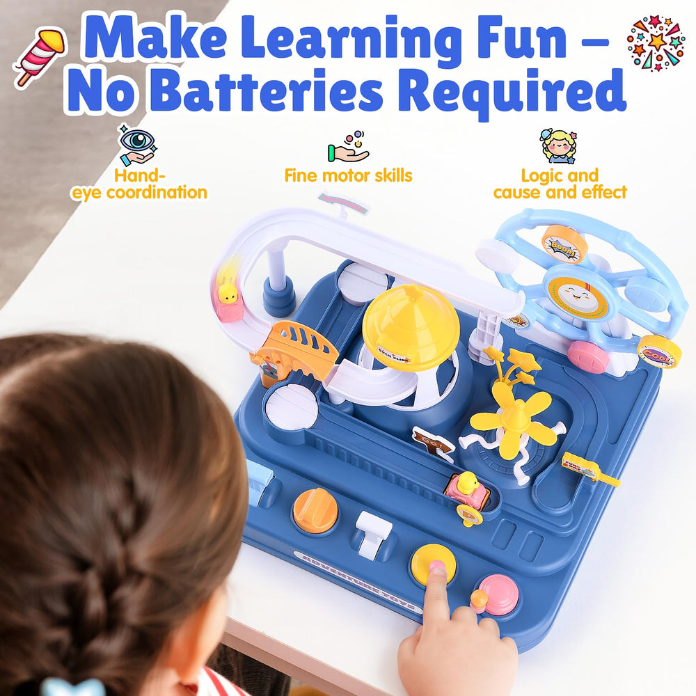 WeeHomm track buttons and levers aid fine motor skills and cause-effect learning.