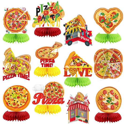Weekgrat pizza honeycomb centerpiece ready for vibrant party table decor.