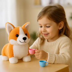 WEIGEDU Corgi plush toy on shelf display for decor.