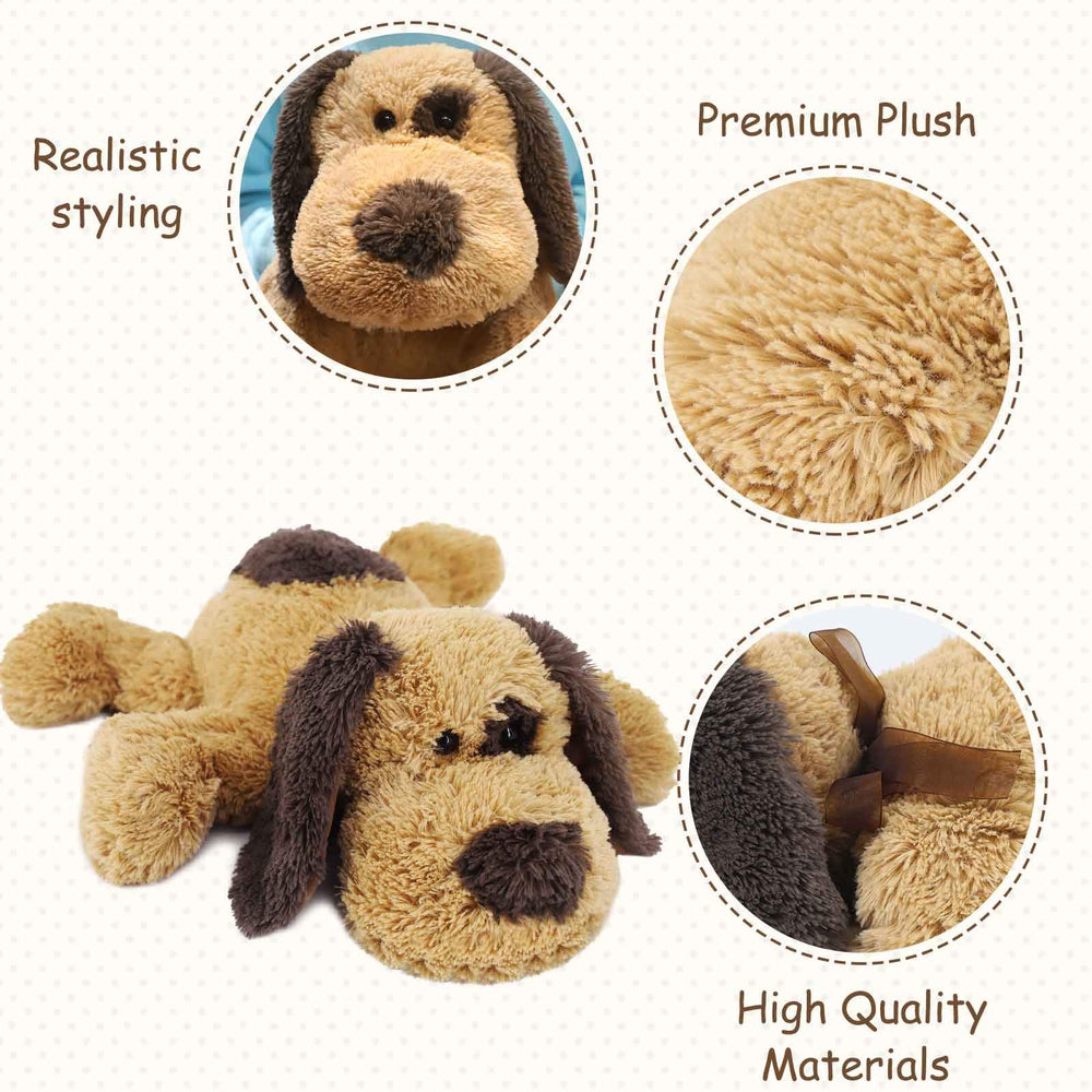 WEIGEDU floppy dog puppy plush used as a bedtime companion.