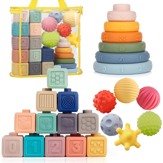Weilim Montessori soft stacking blocks in bright colors for early color recognition and counting.