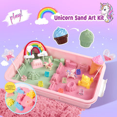 Weilim Unicorn Sensory Bin dual-color magic sand invites tactile exploration.