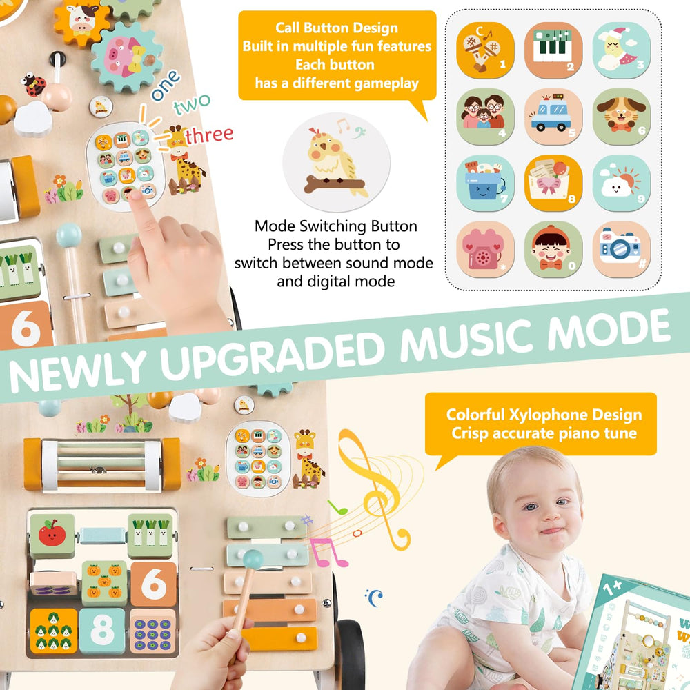 Weilim wooden walker includes a rolling drum and tactile panels for sensory play and learning.