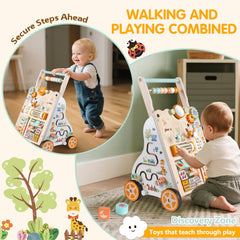 Weilim wooden walker showcases shape sorter and gears to support cognitive development.