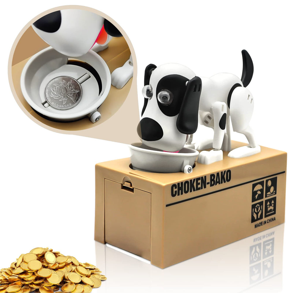 Wekity Hungry Dog Piggy Bank two-dogs-figurine sits playfully on a desk.