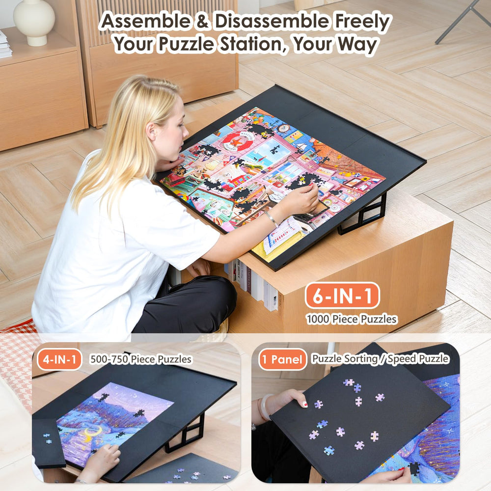 Customizable DIY puzzle easel by WELGEE allows flat or angled layouts