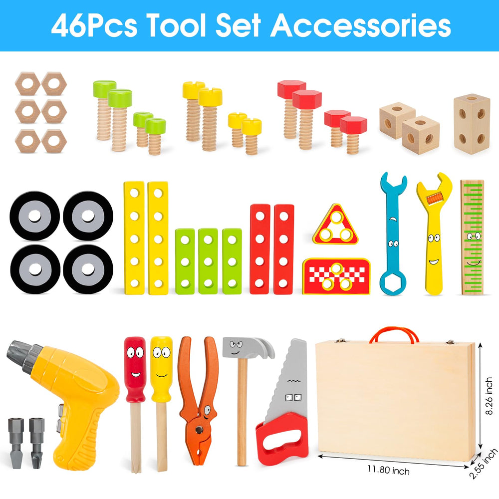 WEMEMORN wooden tool box keeps all parts neatly organized.