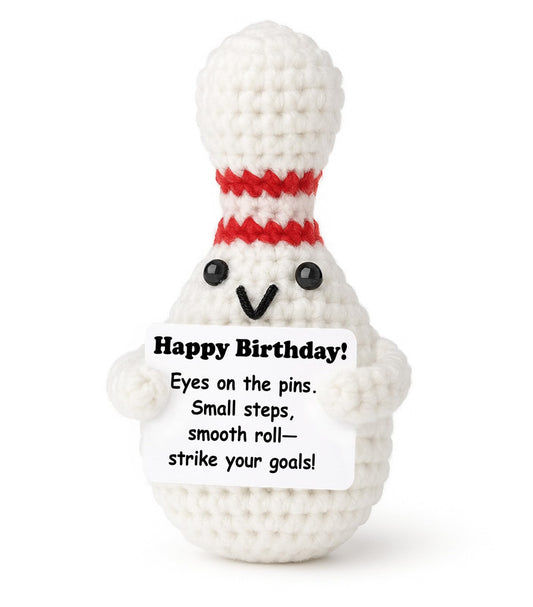 Weming Bowler plush with birthday sign brightens a desk space