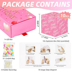 WenmthG explosion box pink confetti highlights a festive reveal.