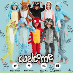WEQJC kids flannel animal onesie blue dinosaur flat lay for storage or gift