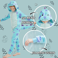 WEQJC kids flannel animal onesie blue dinosaur hood up shows wearable costume