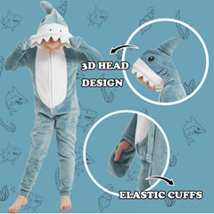 WEQJC blue shark kids flannel onesie side profile for comfy playtime