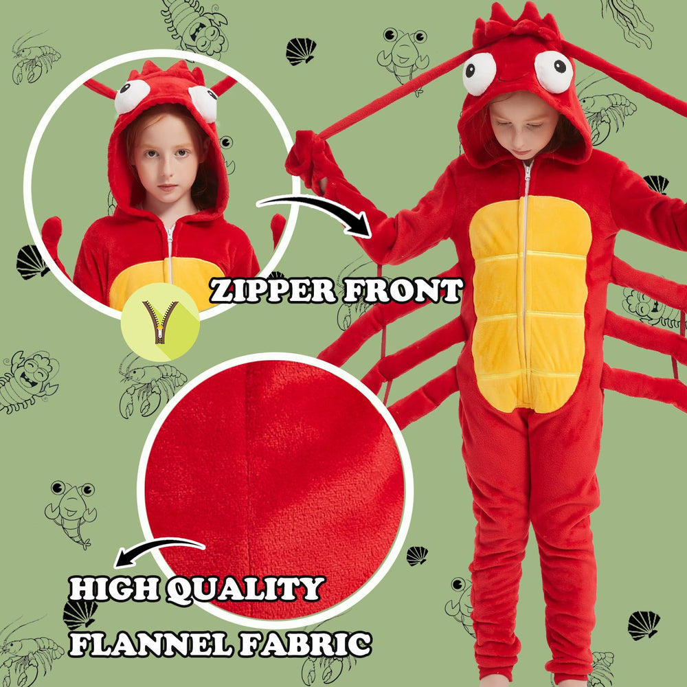 WEQJC Kids Flannel Animal Onesie Red Lobster, hood-detail, playful look for cozy costume days.