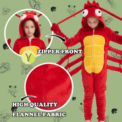 WEQJC Kids Flannel Animal Onesie Red Lobster, hood-detail, playful look for cozy costume days.