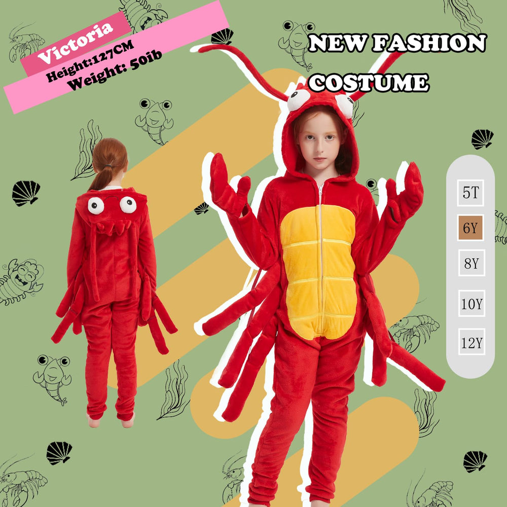 WEQJC Kids Flannel Animal Onesie Red Lobster, paws-design, easy slip-on wear for independent dressing.