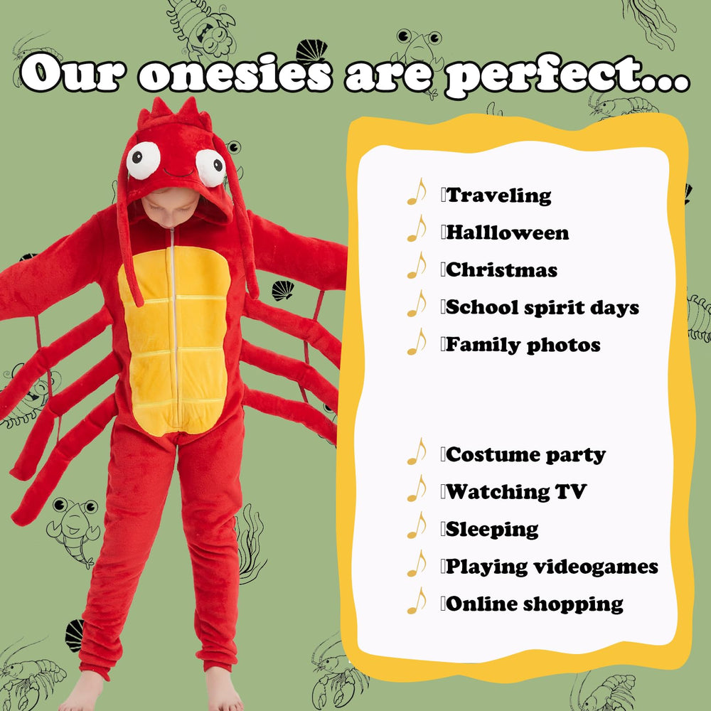 WEQJC Kids Flannel Animal Onesie Red Lobster, soft-flannel fabric, comfortable all-day wear.