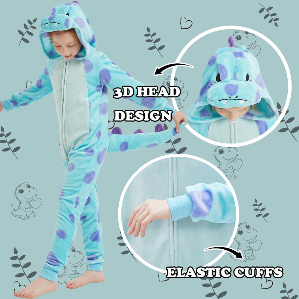 WEQJC blue dinosaur onesie back view, warm flannel for festive wear.