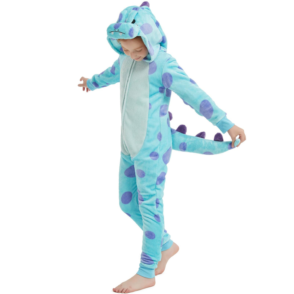WEQJC blue dinosaur onesie front view, cozy flannel ideal for Halloween dress-up.