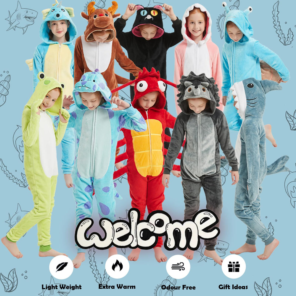 WEQJC Kids Flannel Onesie Blue Shark packaging display for gifting.