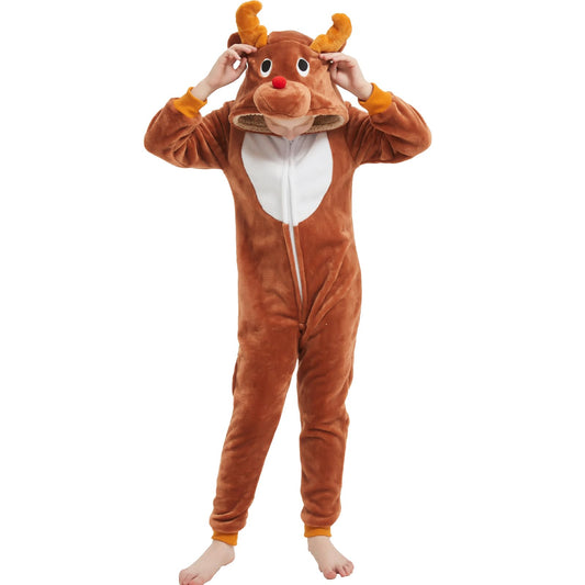 WEQJC Kids Flannel Reindeer Onesie front view for cozy Halloween and Christmas wear