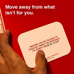 WE'RE NOT REALLY STRANGERS card close-up showing varied prompts for self-discovery.