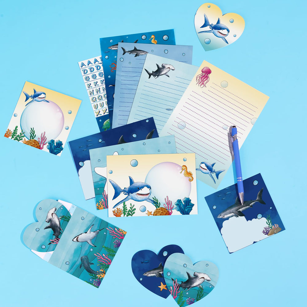 WERNNSAI 69-piece shark-themed stationery packaging, vibrant and kid-friendly design.