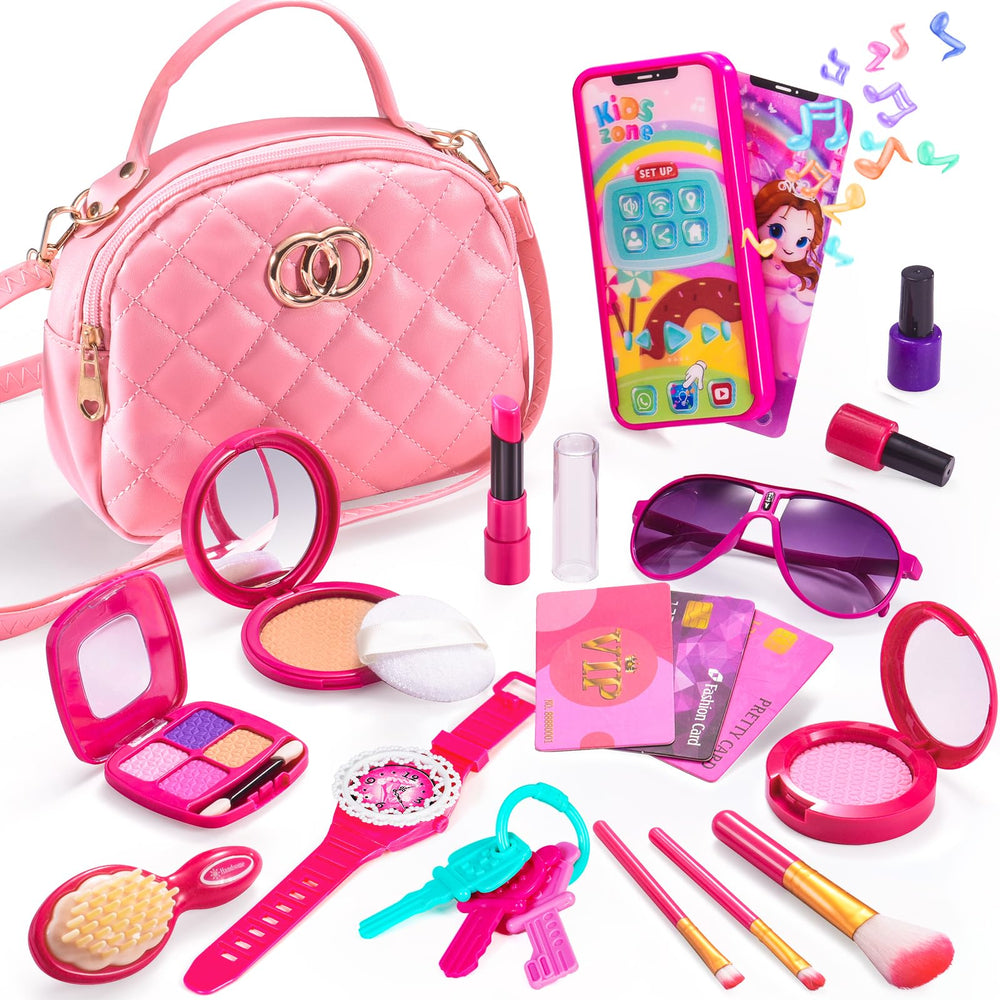 WESAYEE pink toddler purse with accessories for imaginative dress-up play.