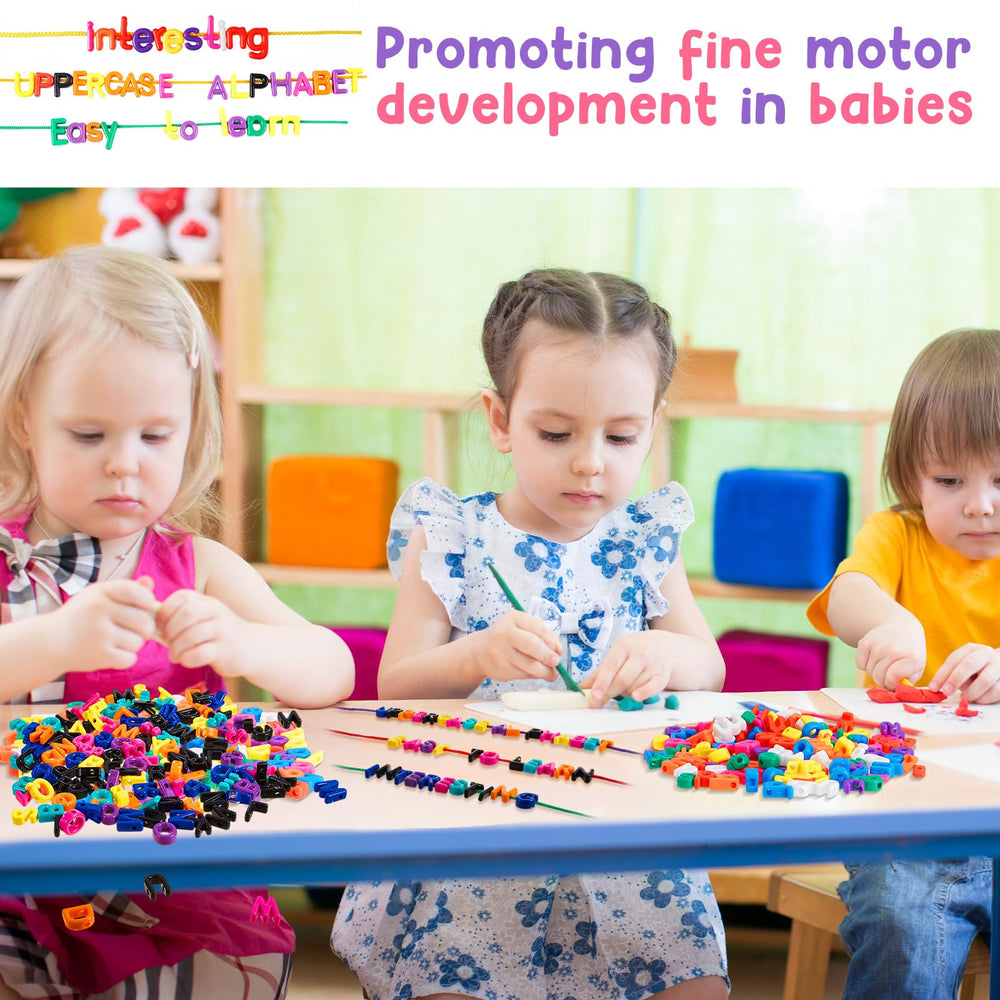 Wesiti child threading letters enhances hand-eye coordination and focus.