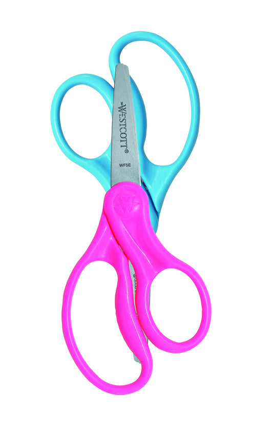 Westcott hard-handle kids scissors, 5-inch pointed, two-pack, colorful for classrooms.