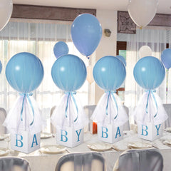 Wettarn blue boy centerpiece box with balloon as a stylish baby shower focal point.