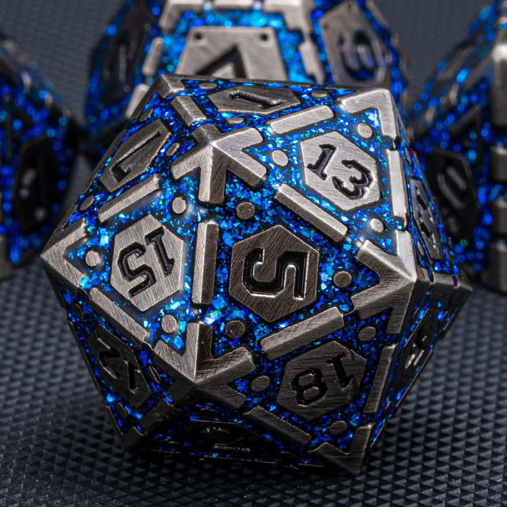Weyano DND metal dice set antique nickel blue closeup engraving highlights premium craftsmanship.