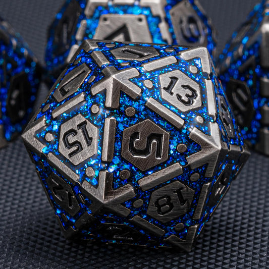 Weyano DND metal dice set antique nickel blue closeup engraving highlights premium craftsmanship.