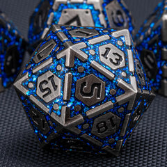 Weyano DND metal dice set antique nickel blue closeup engraving highlights premium craftsmanship.