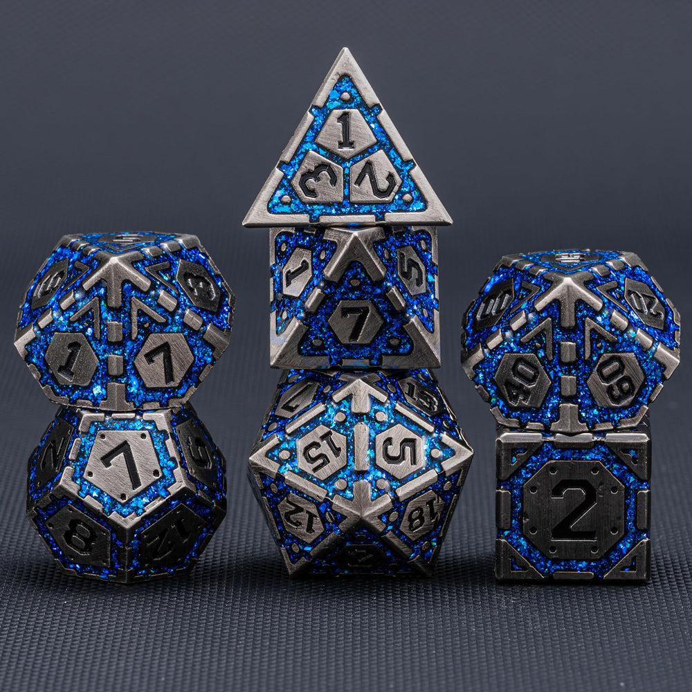 Weyano antique nickel blue dice set shows the percentile die for precise tabletop gameplay.